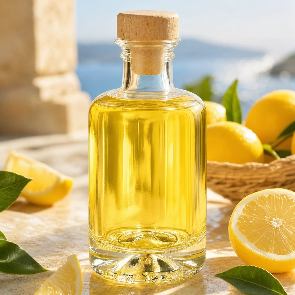 Bouteille en verre de 100ml Sofia avec bouchon en bois remplie d'huile jaune à côté de citrons sur une table en bois Lifestyle scène