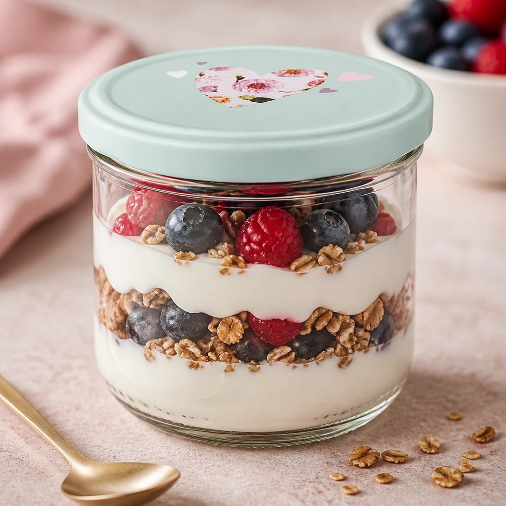 Tumbler de 260 ml + couvercle BasicSeal cur menthe UNiTWIST 260ml Sturzglas mit Joghurt-Beeren-Parfait befüllt, BasicSeal Deckel mint mit Herz, Dessertglas für Schichtdesserts