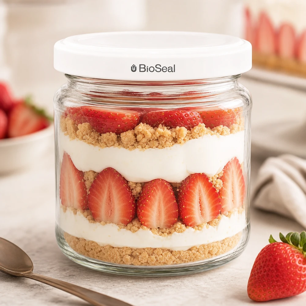 UNiTWIST Runda212 Verre à dessert avec fraise crème et crumble montre la polyvalence du couvercle TO66 BioSeal