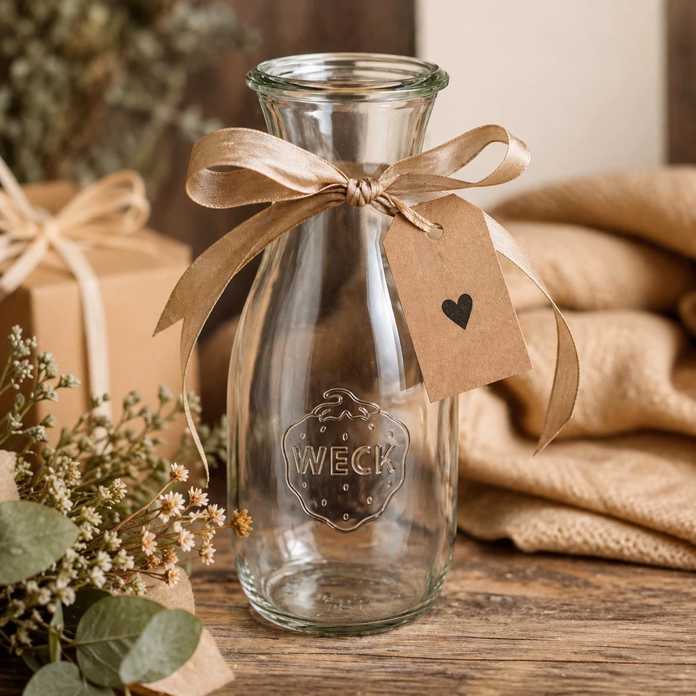 Bouteille à jus WECK RR60 de 530 ml WECK Bouteille en verre 530ml RR60 décorée avec un ruban brun et une étiquette cadeau sur une table en bois avec des fleurs