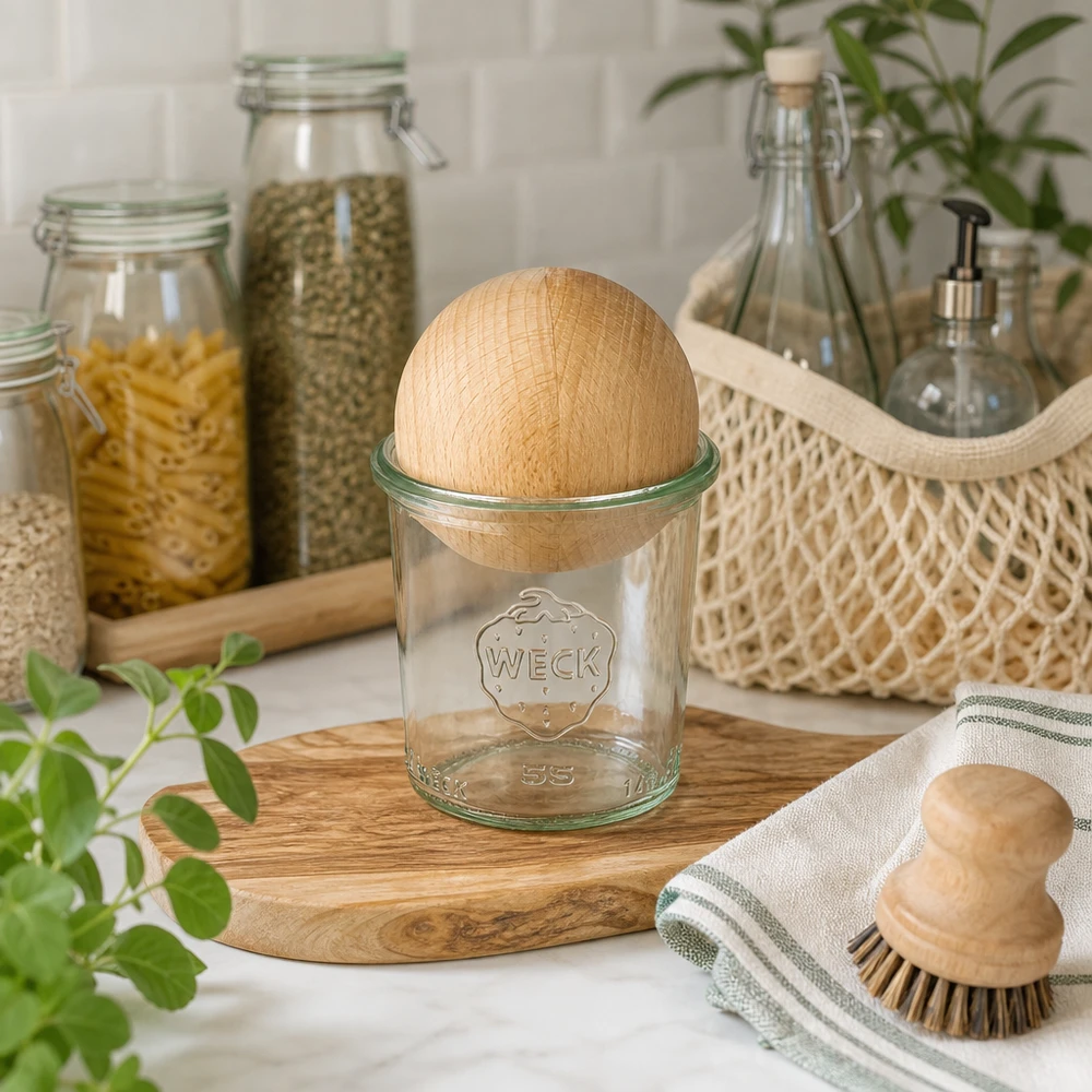 WECK Verre renversé 140ml RR60 avec boule en bois de hêtre dans une cuisine durable, entouré de bocaux à provisions et de maté