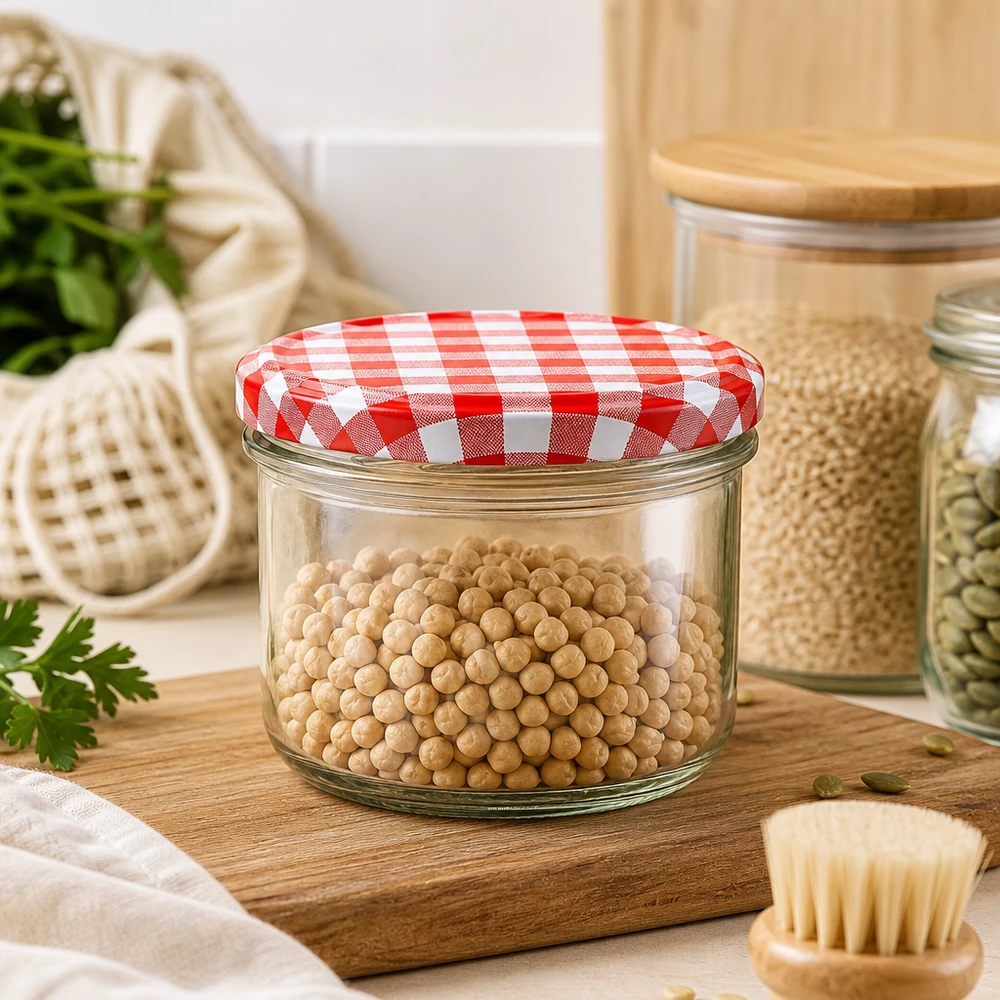 Pot cylindrique de 230ml avec couvercle BasicSeal rouge et blanc rempli de pois chiches sur planche en bois dans une ambiance de cuisine