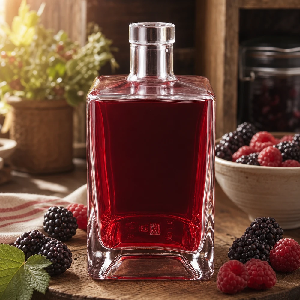Bouteille en verre Ben 700ml remplie de liqueur de baies rouges entourée de mûres et de framboises sur un bois rustique