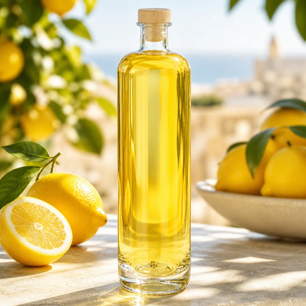 Bouteille en verre 700 ml « Ella » avec bouchon en bois UNiTWIST® Bouteille en verre Ella de 700 ml avec contenu jaune et bouchon en bois dans un environnement méditerranéen de citrons sur une table en bois