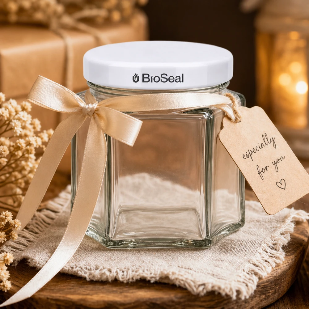 47ml Verre hexagonal avec couvercle BioSeal blanc UNiTWIST 47ml Verre hexagonal avec couvercle BioSeal blanc UNiTWIST
