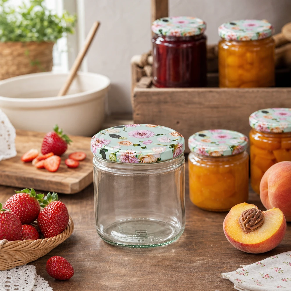 Pot cylindrique de 230 ml + couvercle BasicSeal en forme de fleur de menthe 230ml pot cylindrique BasicSeal couvercle fleur menthe dans scène de cuisine avec fruits frais et confitures maison