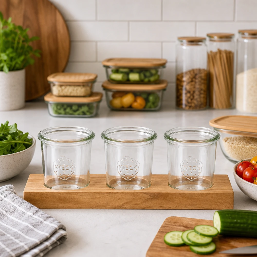 Plateau de service Plano3 avec 3 bocaux Weck de 140 ml Planche de service Plano3 avec des bocaux WECK vides de 140ml dans une cuisine moderne à côté des légumes et des boîtes de conservation