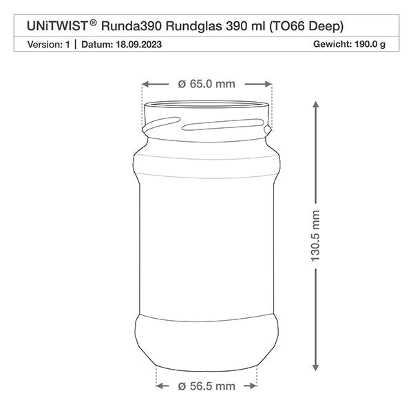 390ml Verre rond sans couvercle (TO70) UNiTWIST Dessin technique UNiTWIST Runda390 verre rond 390ml TO66 Deep avec dimensions 65mm diamètre 130,5mm hauteur