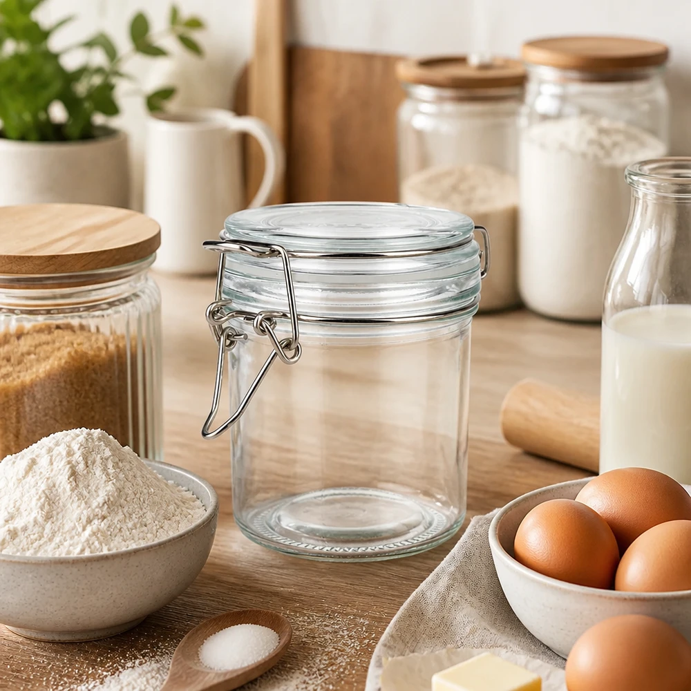 Pot de réserve 250ml type S avec fermeture à étrier UN. Bocal transparent de 250 ml avec fermeture à étrier pour un stockage clair de la farine et des ingrédients de boulangerie.