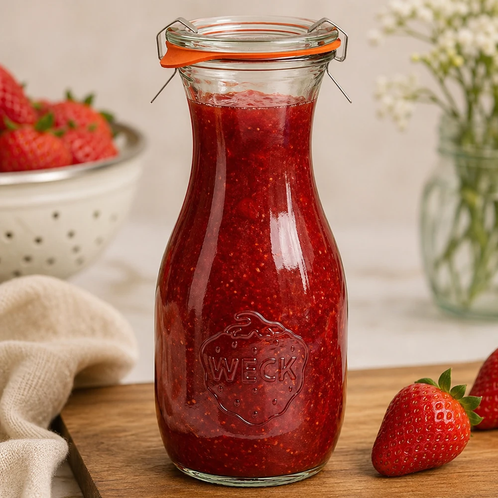 Bouteille à jus de 530 ml, ensemble complet WECK RR60 WECK Bouteille de jus de 530 ml remplie de confiture de fraises montre l'utilisation pratique du bocal RR60