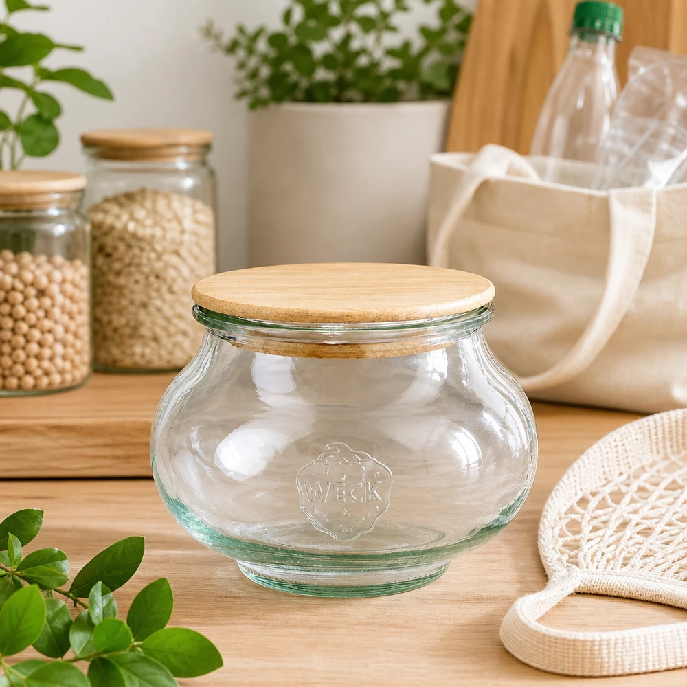 560ml bocal décoratif WECK RR80 avec couvercle en bois WECK Bocal à bijoux 560ml RR80 Bocal à provisions vide avec couvercle en bois dans la cuisine durable Zero-Waste avec sacs en jute