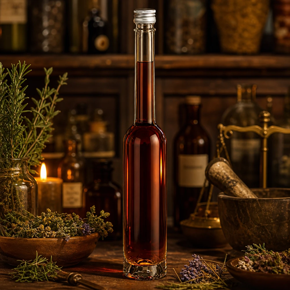Bouteille en verre 100 ml « Toni » sans bouchon à vis UNiTWIST® Petite bouteille en verre Toni de 100 ml avec bouchon à vis argenté - parfaite pour les teintures maison à base de plantes.