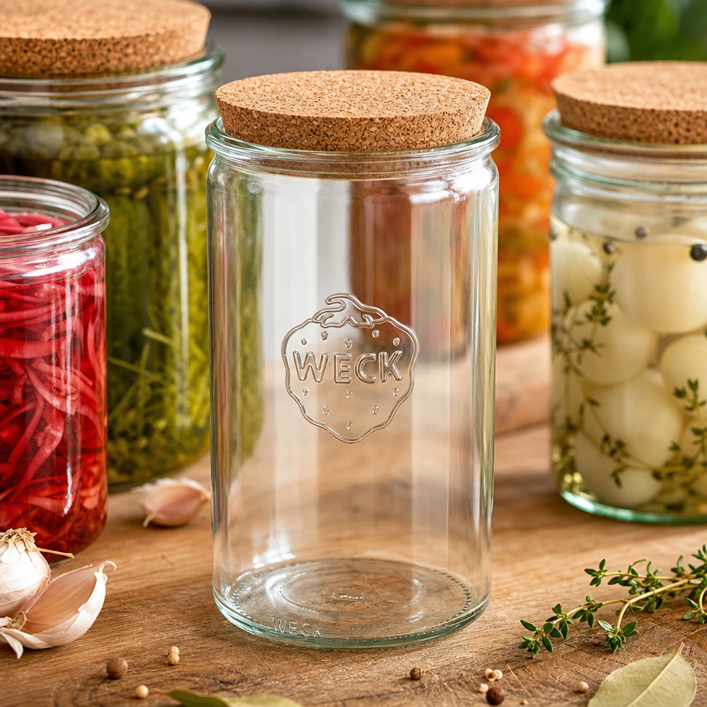 1590ml bocal cylindrique WECK RR100 avec bouchon nature WECK Pot cylindrique 1590ml RR100 vide avec bouchon entre les bocaux remplis Scène de cuisine table en bois