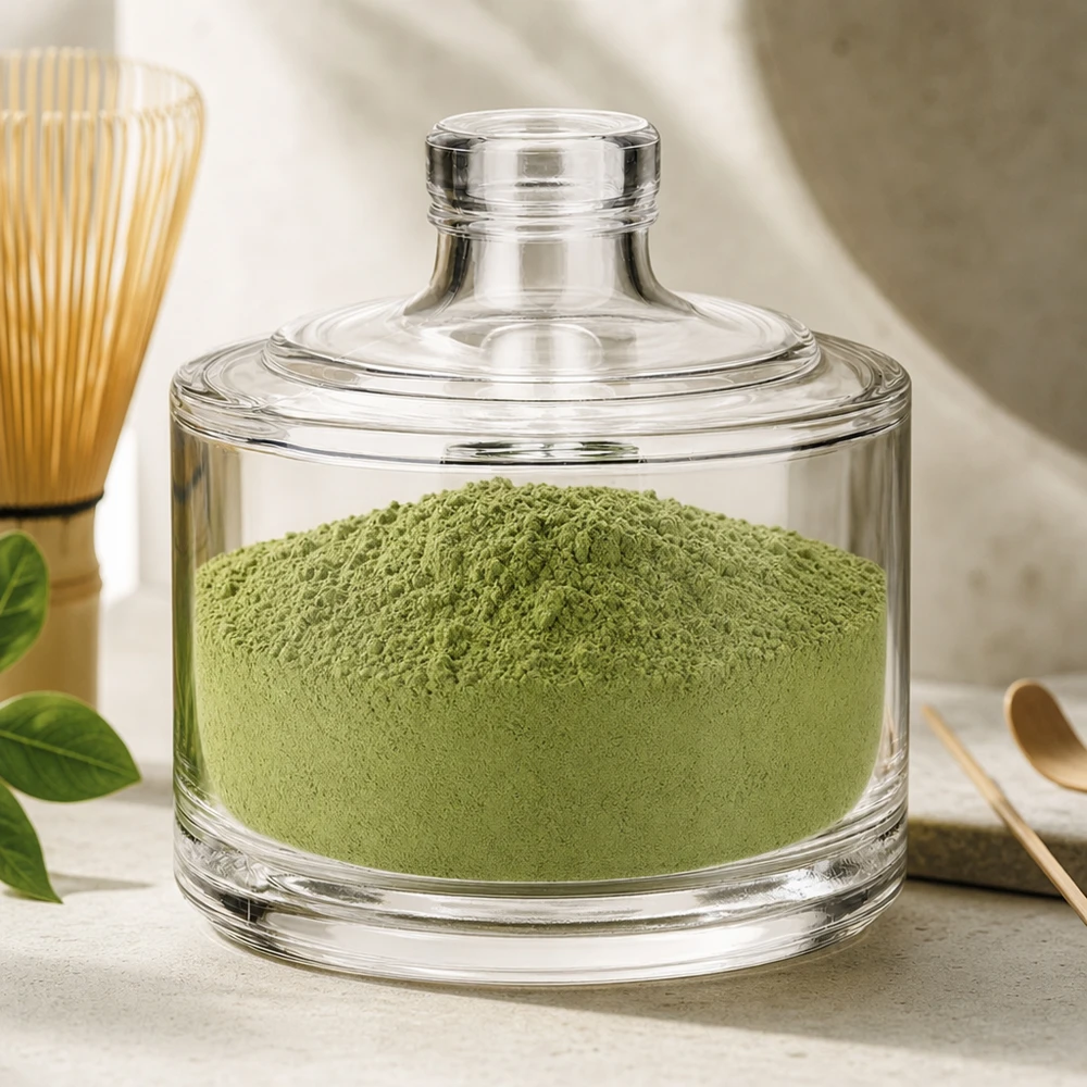 Bouteille en verre de 200ml Barbara remplie de poudre de Matcha vert comme boîte à thé dans une cuisine moderne avec un balai en bambou