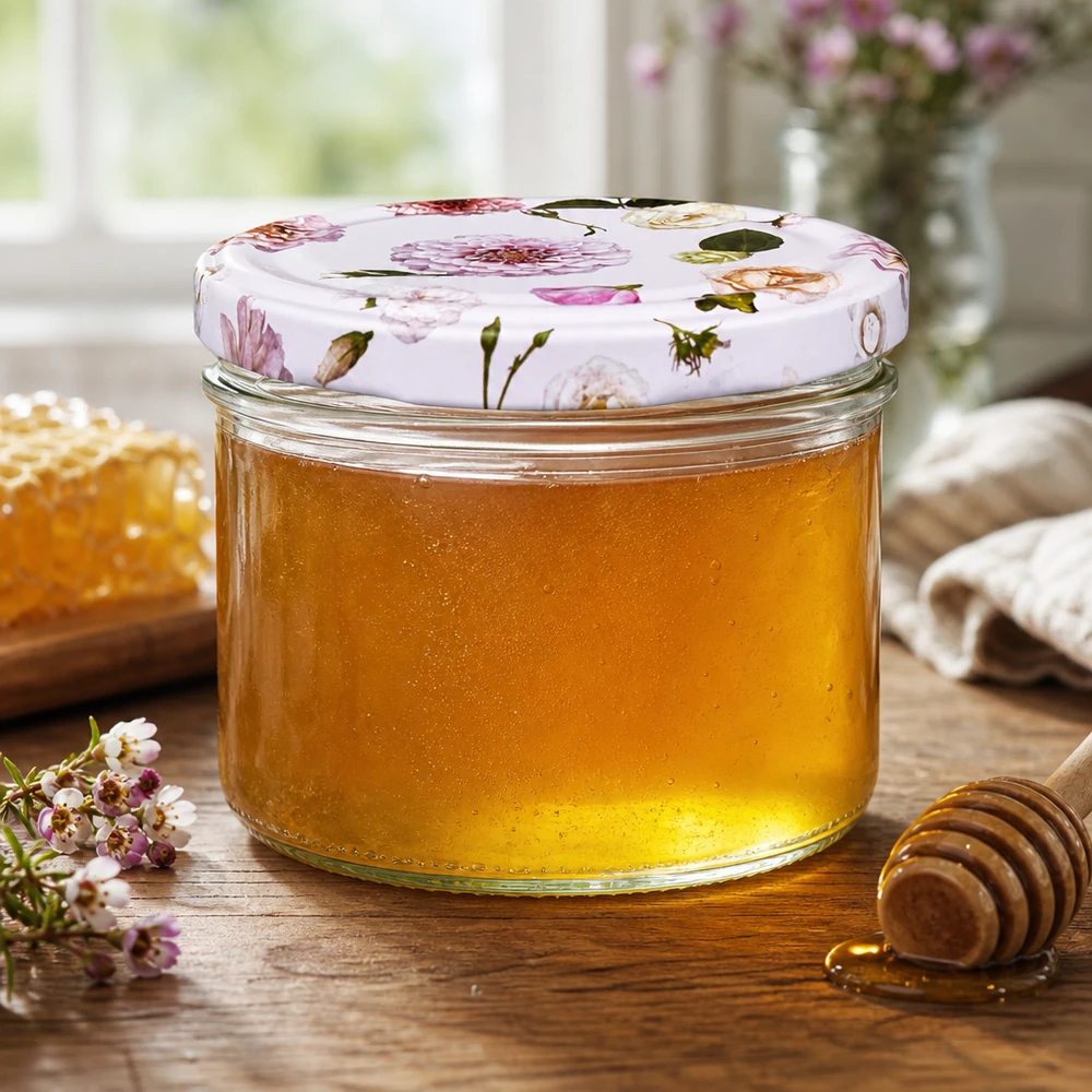 Pot cylindrique de 230 ml + couvercle BasicSeal rose fleur Pot de miel 230ml avec couvercle BasicSeal fleur rose - miel doré avec cuillère à miel et alvéoles dans cuisine
