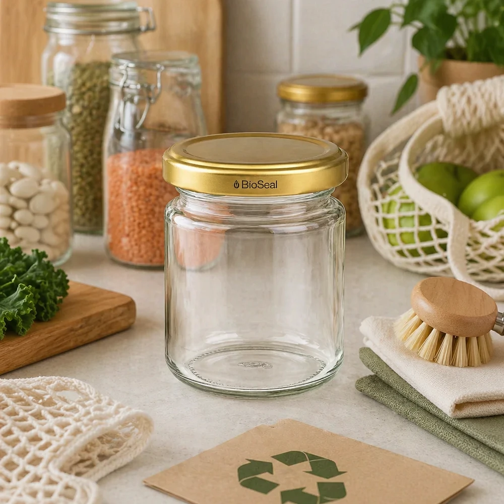 53ml Verre rond avec couvercle BioSeal or UNiTWIST UNiTWIST Runda53 Pot de conservation avec couvercle TO43 BioSeal doré dans une cuisine durable avec symbole de recyclage