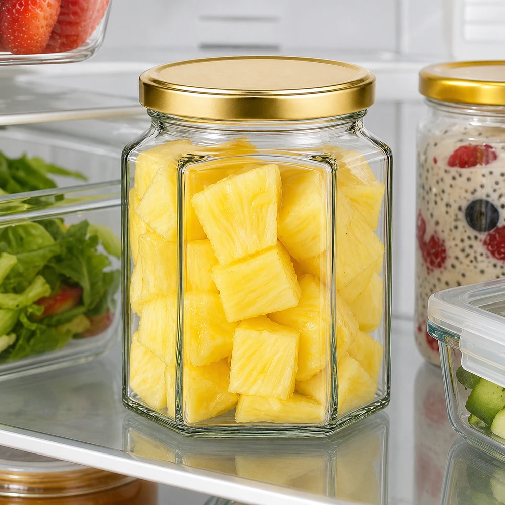 288ml Hexaglas BasicSeal or avec morceaux d'ananas dans le réfrigérateur montre une conservation optimale de la fraîcheur des fruits