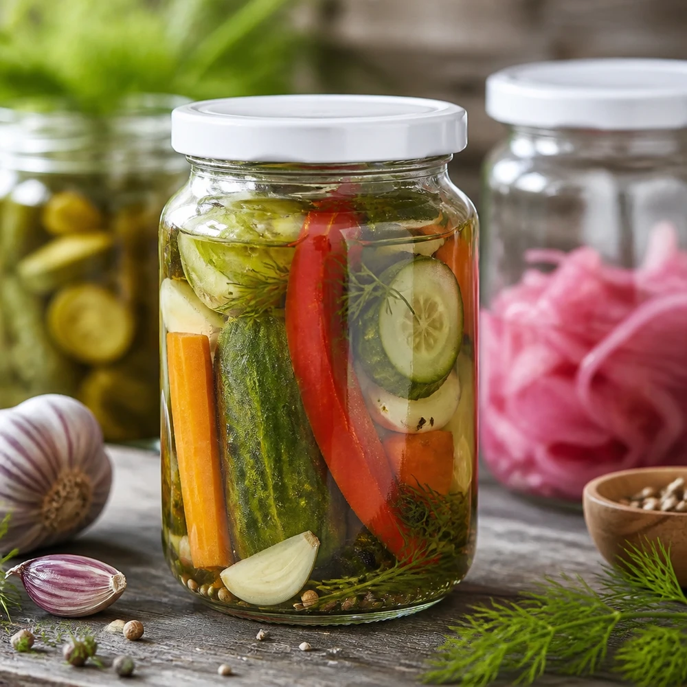 Bocal rond UNiTWIST de 382 ml avec couvercle blanc BasicSeal rempli de légumes mixtes marinés Carottes Poivrons Oignons