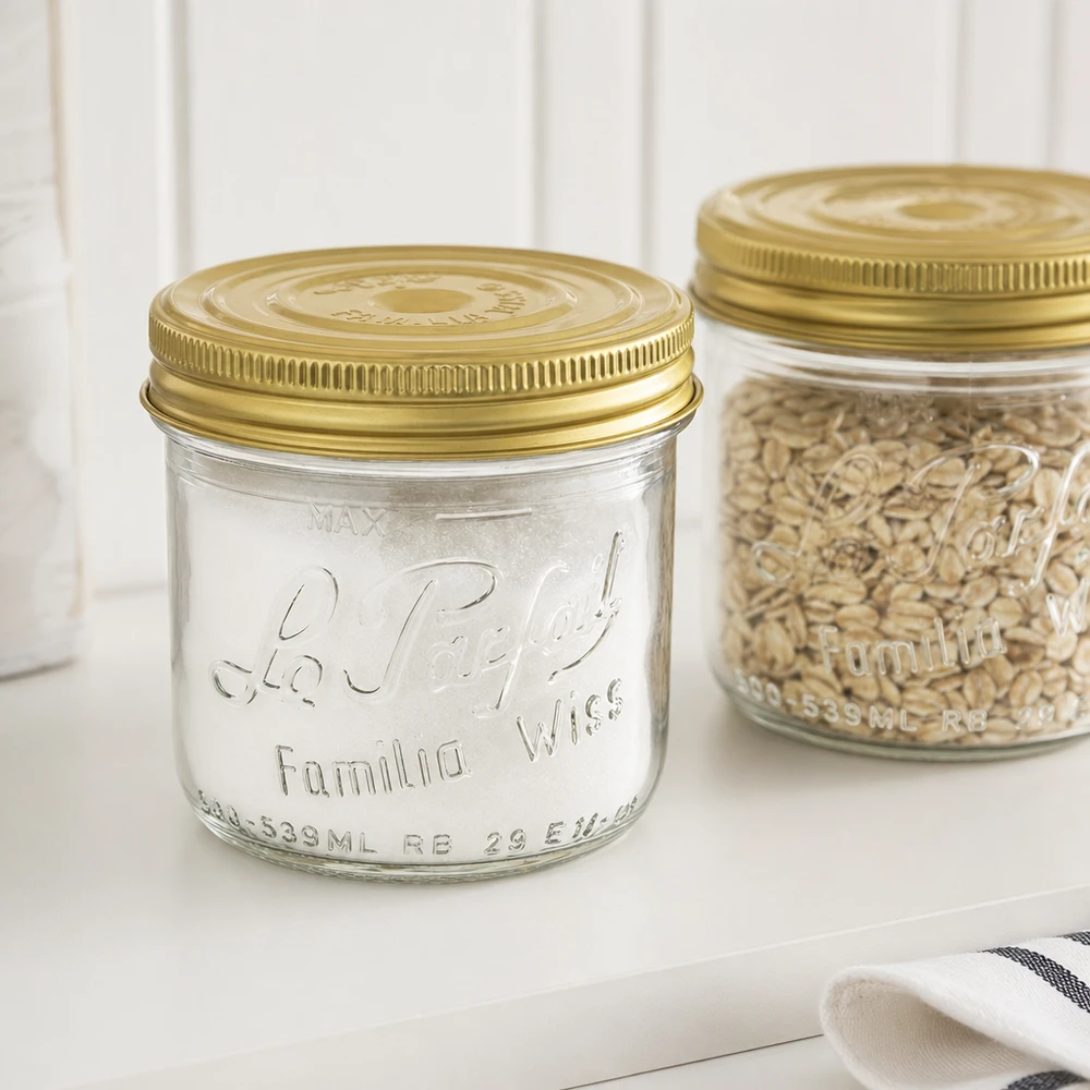 Le Parfait® Familia Wiss 500 g Ø100 mm bocal 539ml pot renversé Familia Wiss avec couvercle doré et pot de conservation avec céréales sur surface blanche