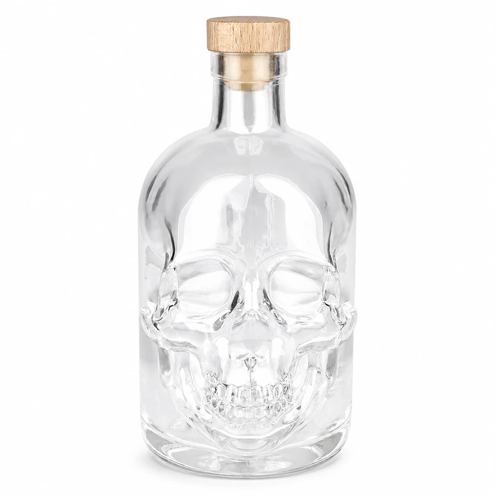 Bouteille en verre Jack de 500ml avec design de tête de mort et bouchon en bois, bouteille de spiritueux vide en verre clair