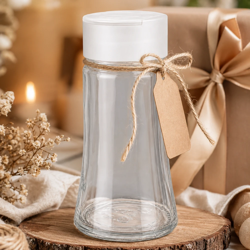 Pot à épices transparent de 95 ml avec couvercle à double saupoudreuse blanc, ruban cadeau et étiquette en papier kraft