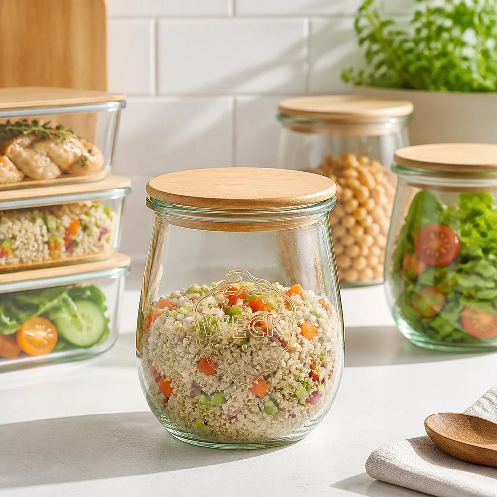 WECK Pot tulipe 220ml RR60 Couvercle en bois pour Meal Prep - Pot à provisions avec salade de quinoa et légumes dans une cuisine moderne