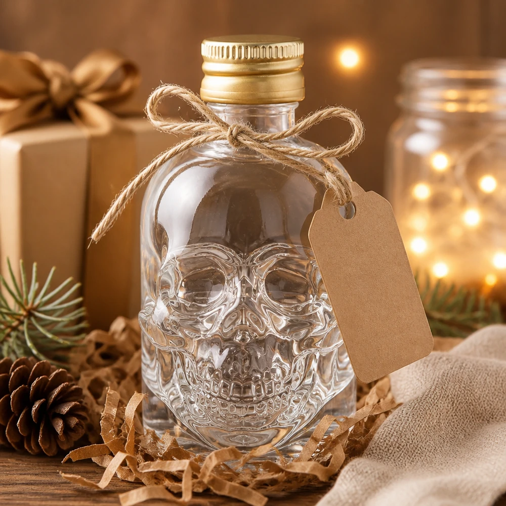 Bouteille en verre de 50 ml Hector Tête de mort vide avec emballage cadeau Pendentif en papier raphia dans une décoration de Noël chaleureuse