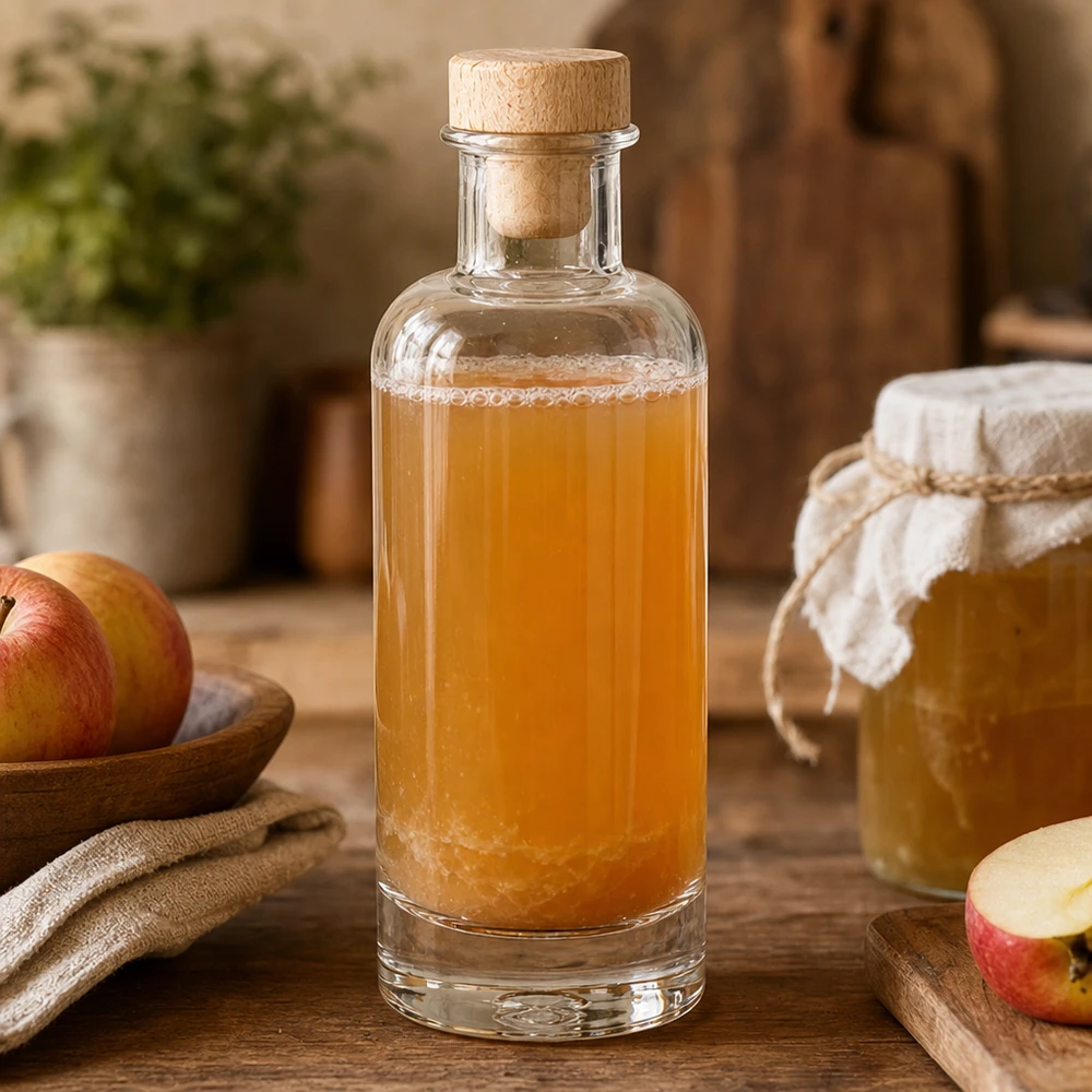 Bouteille en verre 200ml Ella avec bouchon en bois remplie de vinaigre de cidre à côté de pommes fraîches et pot de miel dans une cuisine rustique