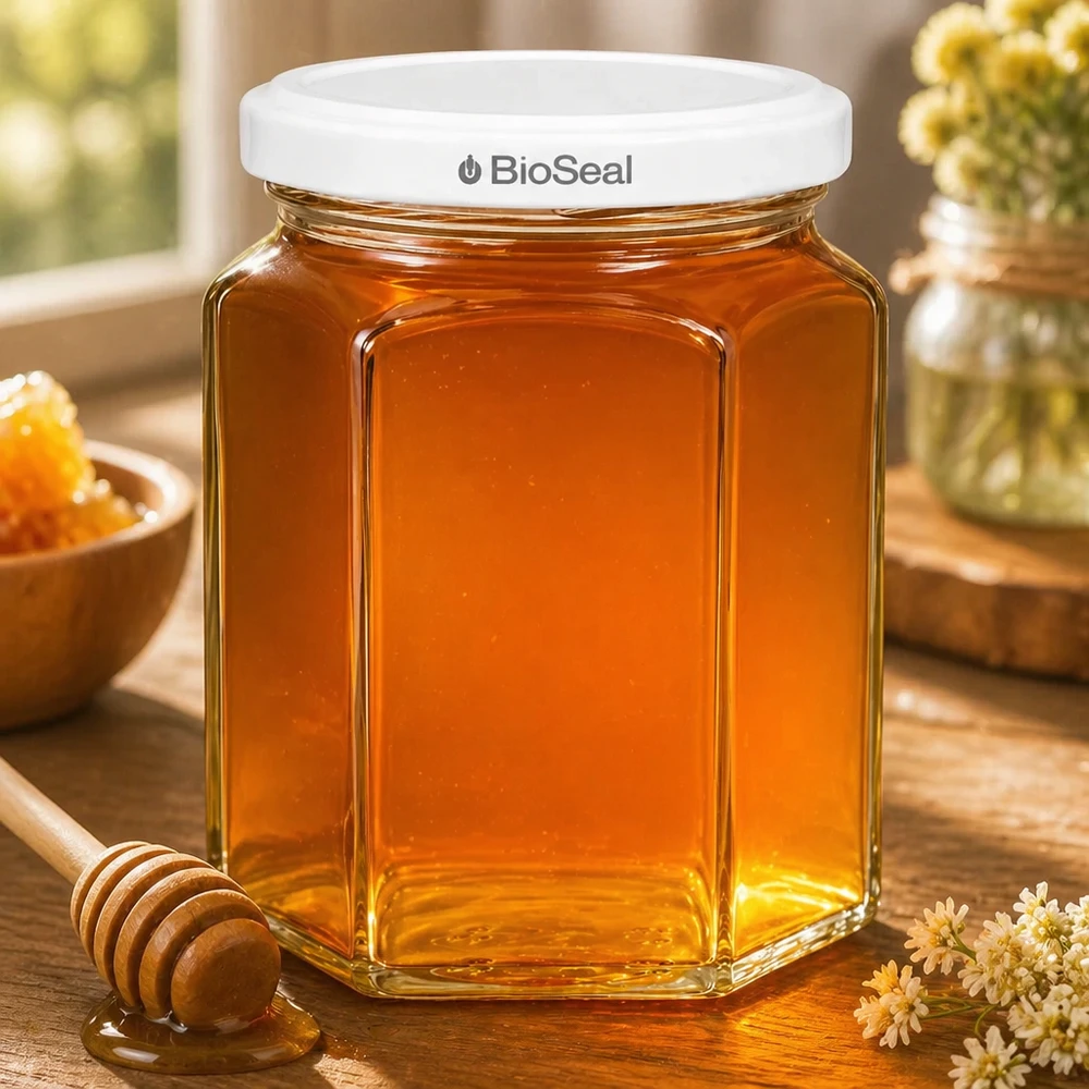 UNiTWIST Hexa288 Pot de miel hexagonal avec couvercle TO63 BioSeal et cuillère à miel dans une atmosphère de cuisine chaude