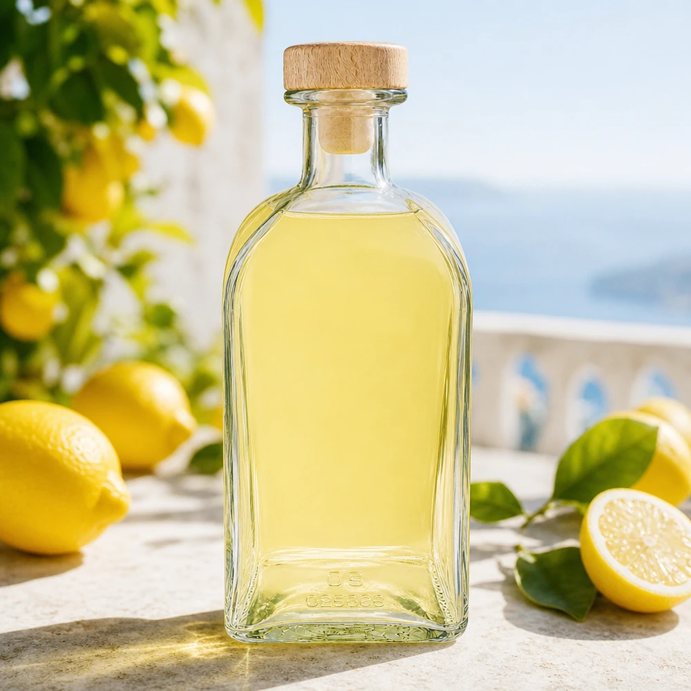 Bouteille en verre Julia de 500 ml avec bouchon en bois remplie de liqueur de citron dans un décor méditerranéen avec des citrons frais