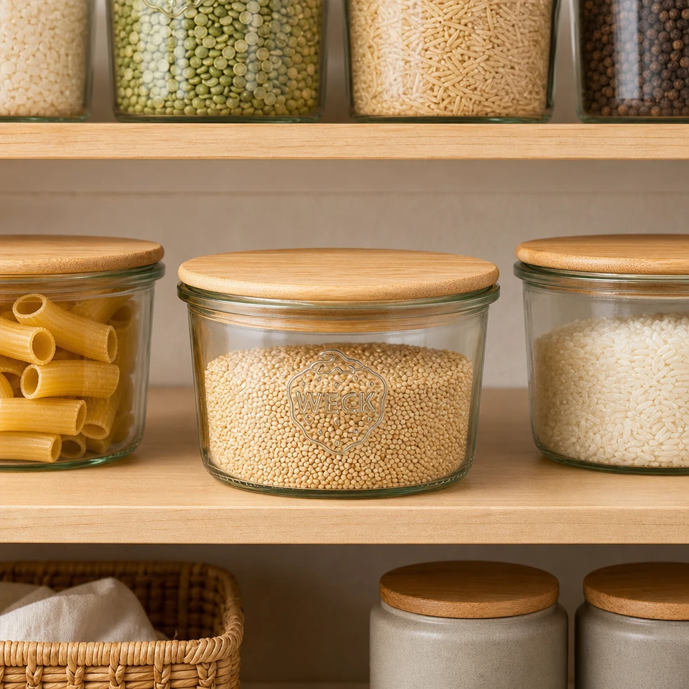 WECK Bocal 80ml RR60 Couvercle en bois Organisation des réserves Pantry Armoire de cuisine Petites quantités d'épices Graines