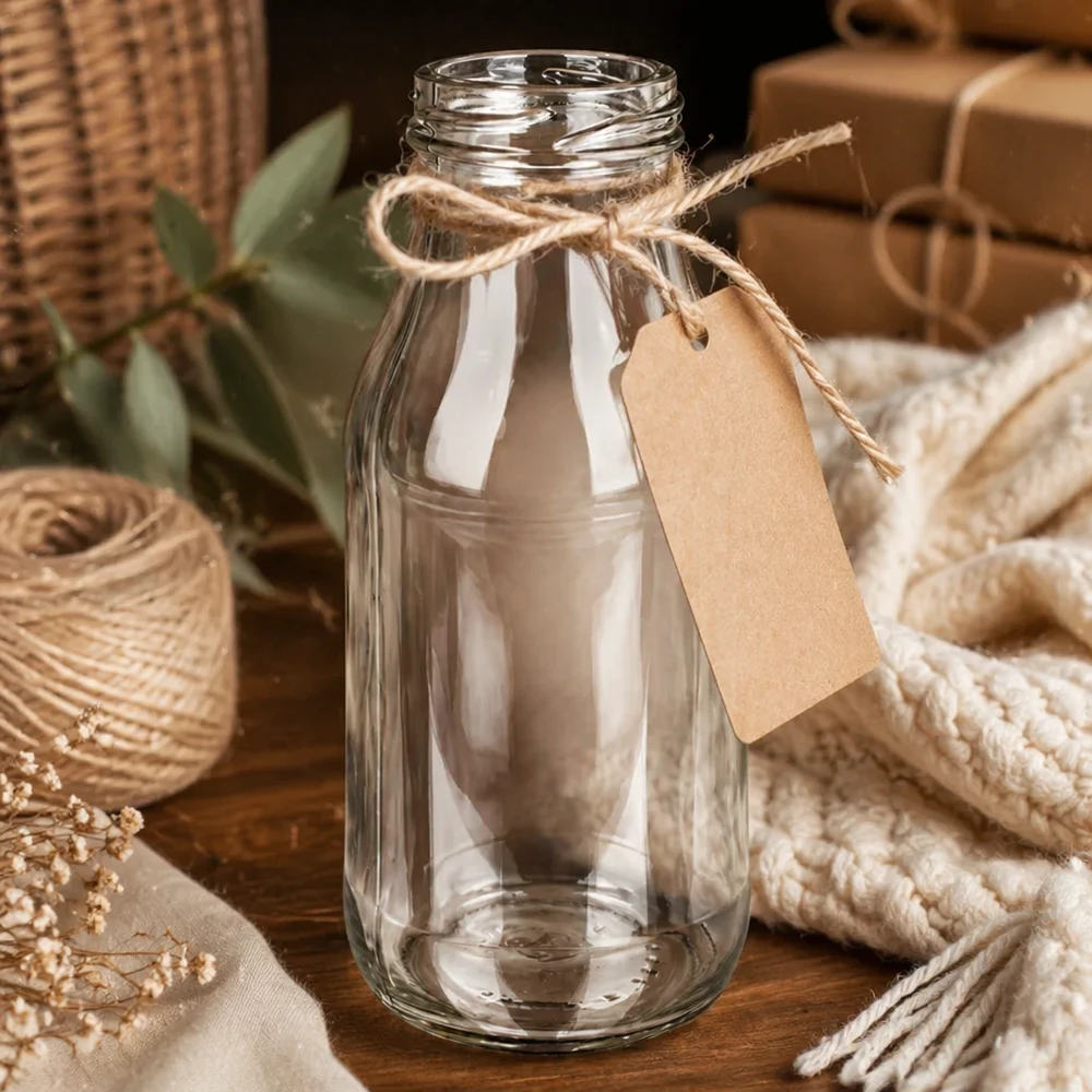 263ml Bouteille sans bouchon (TO43) UNiTWIST Bouteille en verre 263ml TO43 UNiTWIST Bottle263 avec corde de jute et pendentif sur table en bois avec décoration