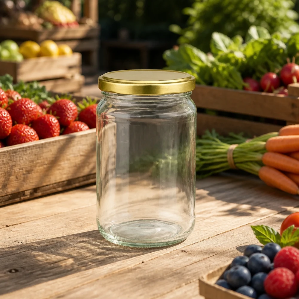 305ml Verre rond avec couvercle BasicSeal or UNiTWIST Verre rond BasicSeal UNiTWIST or de 305 ml entre des fruits et légumes frais sur une table en bois dans un environnement naturel