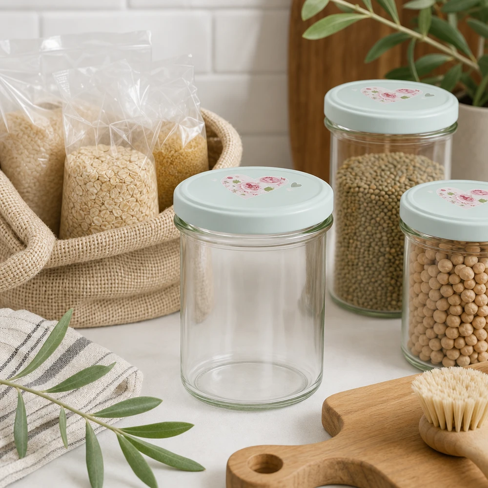 350ml bocal BasicSeal couvercle cœur menthe vide et rempli de légumineuses en cuisine durable avec sac en jute