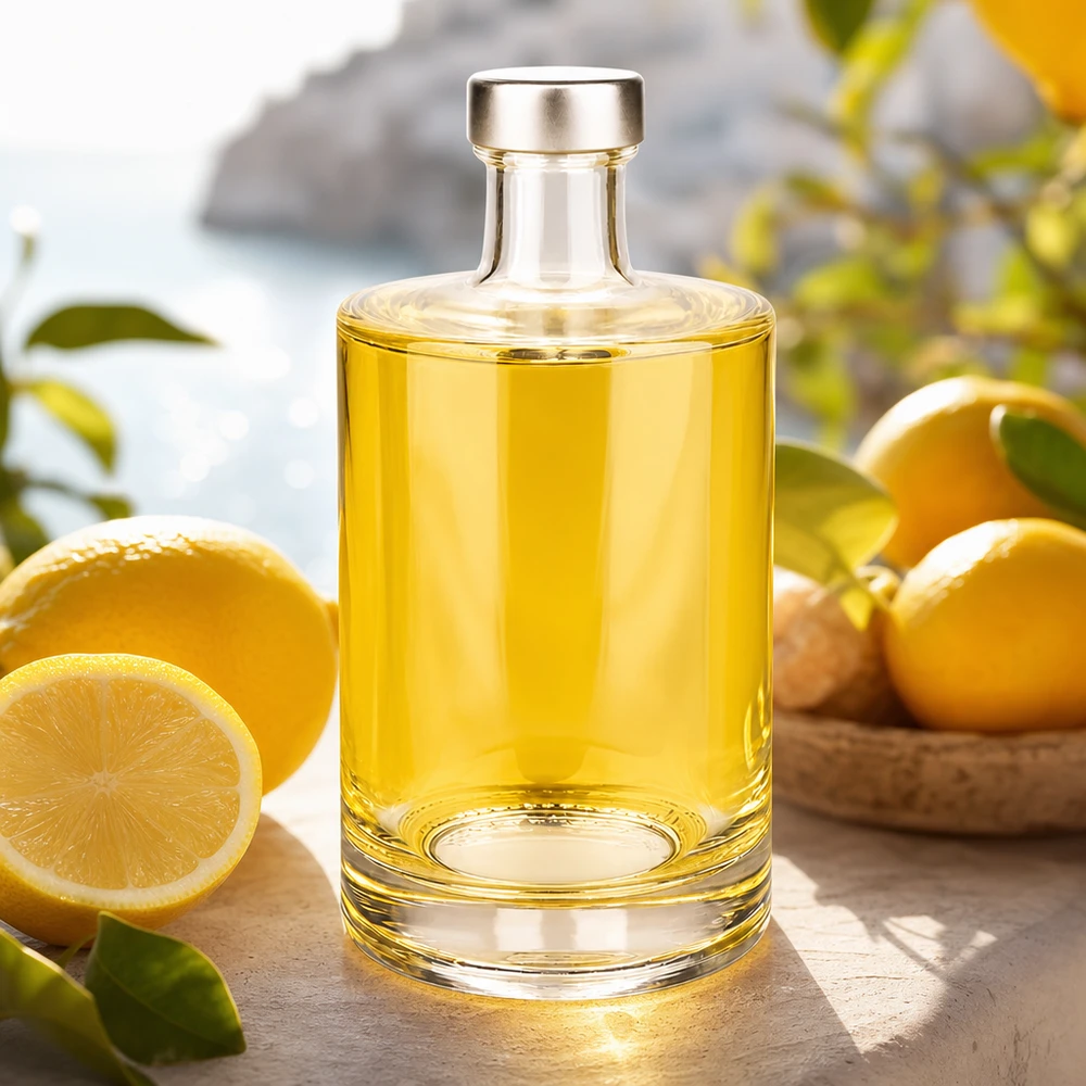Bouteille en verre 500 ml « Sam » et bouchon à vis argenté UNiTWIST® Bouteille en verre de 500ml Sam remplie de liquide jaune à côté de citrons sur une table en bois Lifestyle Application