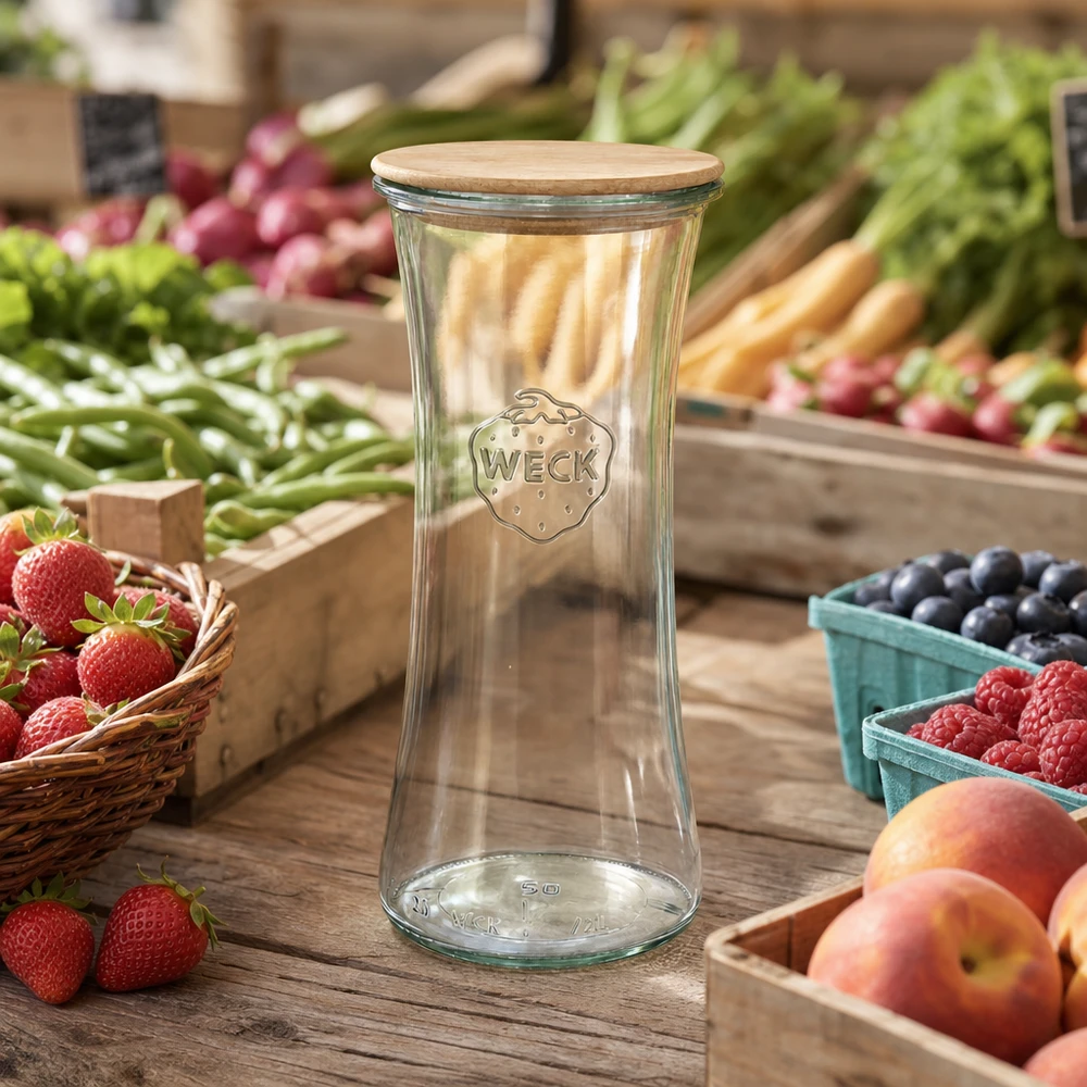 WECK Pot à délicatesse 700ml RR80 avec couvercle en bois sur le marché hebdomadaire entre les fruits et légumes frais environnement naturel