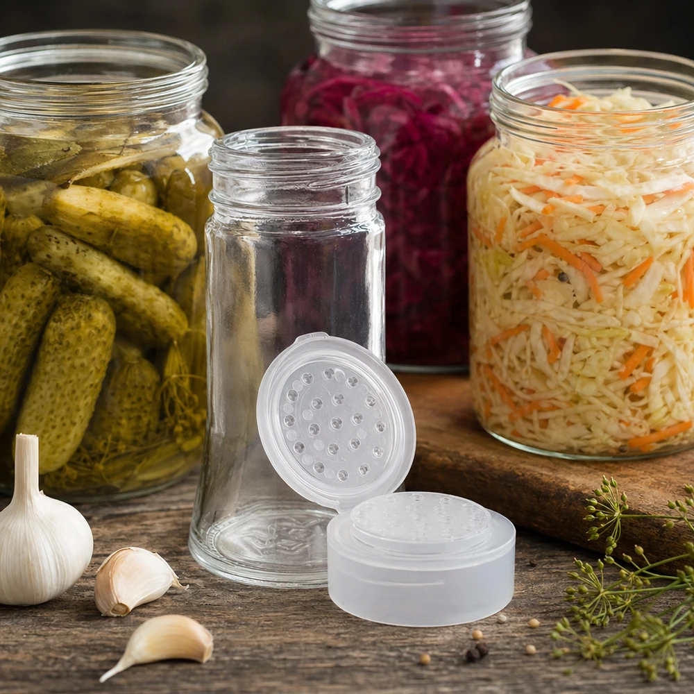 Petit pot à épices de 95 ml avec un couvercle saupoudreur blanc, à côté de cornichons et de choucroute