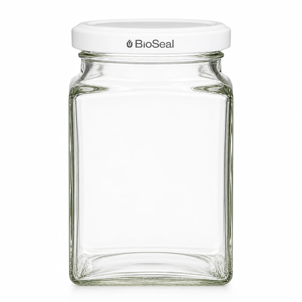 260ml Tetraglas avec couvercle BioSeal blanc UNiTWIST UNiTWIST Tetra260 Bocal à provisions carré avec couvercle blanc TO58 BioSeal vide transparent Bocal en verre
