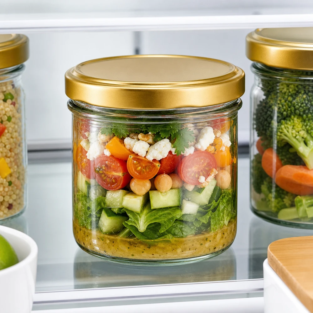 225ml Sturzglas UNiTWIST BasicSeal gold mit Schichtsalat im Kühlschrank - praktisches Meal Prep Glas für Vorrat