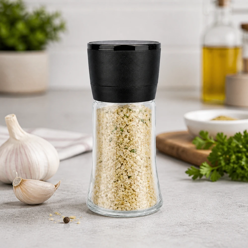 Pot à sel/épices 95 ml avec moulin Vario noir Moulin à sel à l'ail de 95 ml avec meule noire Vario, posé sur un plan de travail gris, avec de l'ail frais