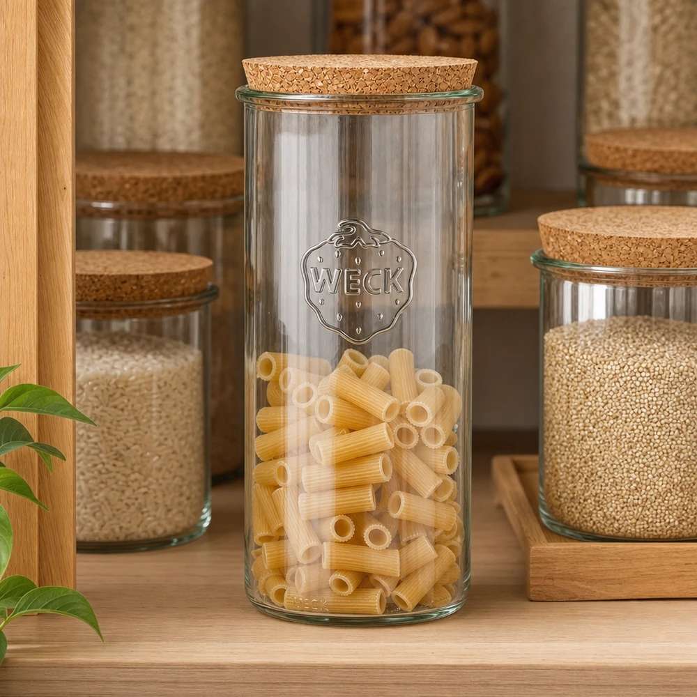 1500ml bocal conique WECK RR100 avec bouchon nature WECK Verre renversé 1500ml RR100 rempli de pâtes Étagère de cuisine Bouchon Couvercle Pantry Organisation Stockage
