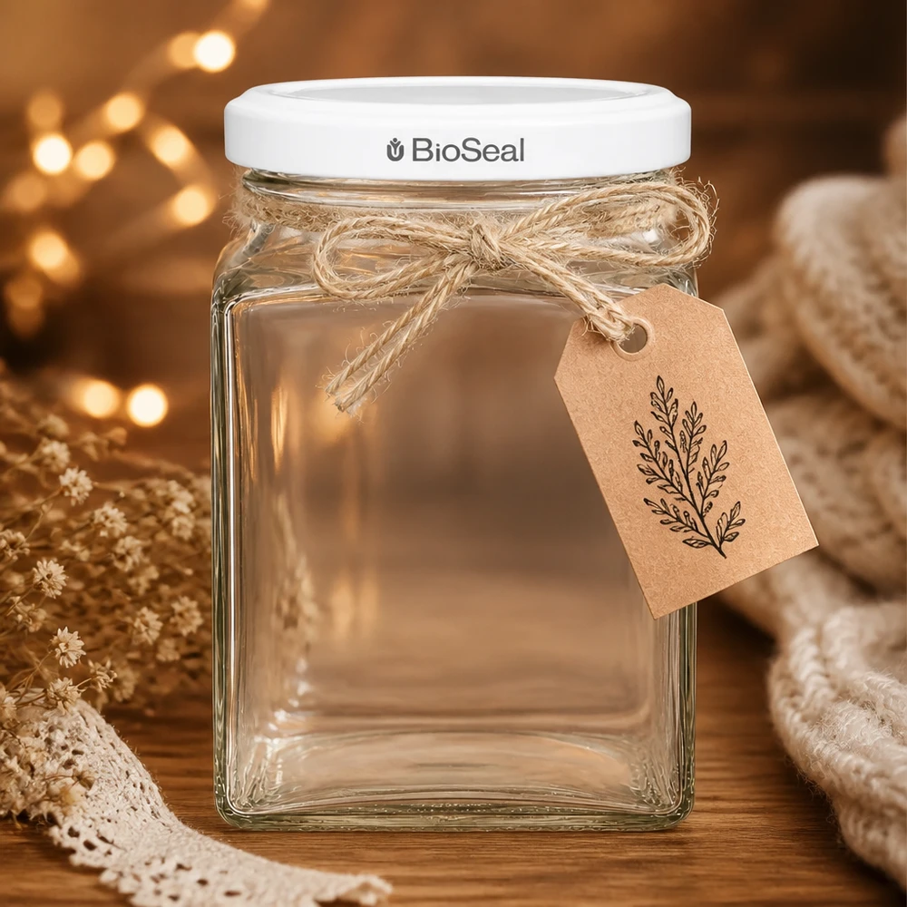 260ml Tetraglas avec couvercle BioSeal blanc UNiTWIST UNiTWIST Tetra260 Vorratsglas mit weißem TO58 BioSeal Deckel und Geschenkanhänger rustikale Deko warmes Licht