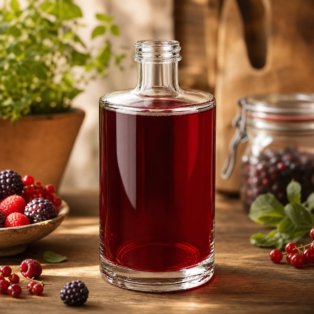 Bouteille en verre Sam de 375 ml remplie de jus de baies rouges entouré de framboises, de mûres et de groseilles fraîches.