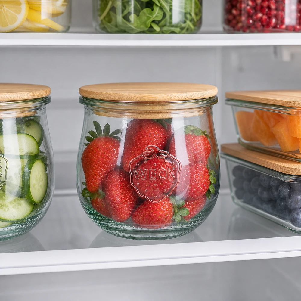 WECK Pot tulipe 370ml RR80 avec couvercle en bois pour la conservation des fraises et des concombres au réfrigérateur organisé