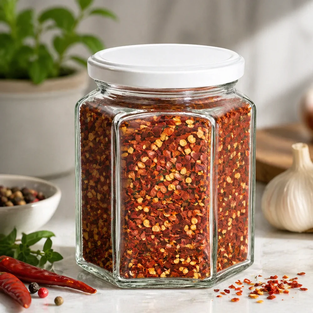 Pot à miel 400 g avec couvercle blanc BasicSeal UNiTWIST Pot de miel hexagonal de 400g rempli d'un mélange d'épices au piment montre une utilisation polyvalente des épices de cuisine