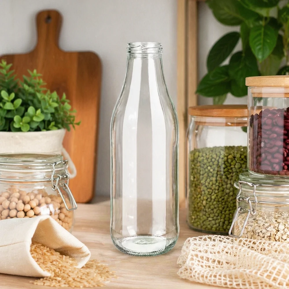 1000ml Bouteille sans bouchon (TO48) UNiTWIST Bouteille en verre 1000ml TO48 UNiTWIST dans la cuisine durable Zero Waste avec des bocaux de stockage et des légumineuses