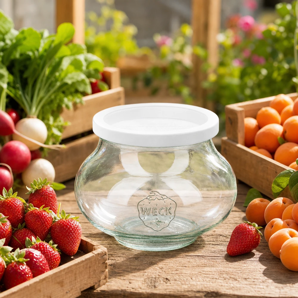 WECK Bocal à provisions 560ml RR80 vide entre des fruits et légumes frais sur une table en bois dans le jardin comme bocal de conservation