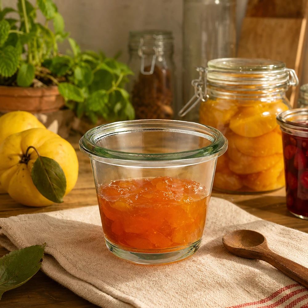 80ml bocal gourmet WECK RR60 Pot gourmet WECK RR60 de 80 ml rempli de confiture dans une cuisine rustique à côté de citrons frais et d'autres bocaux de conservation