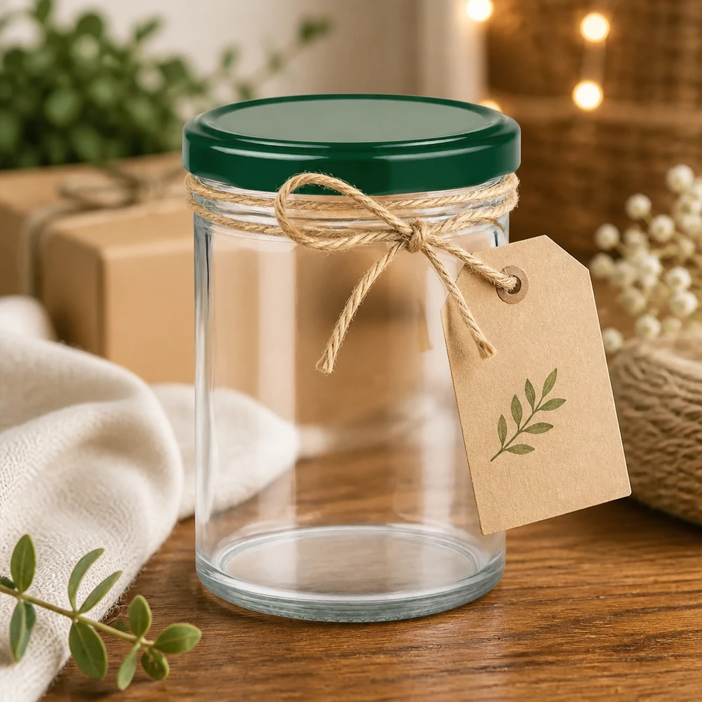 350ml Verre conique avec couvercle BasicSeal vert UNiTWIST Verre plongeant UNiTWIST 350ml vide avec couvercle vert et étiquette cadeau comme idée d'emballage décorative
