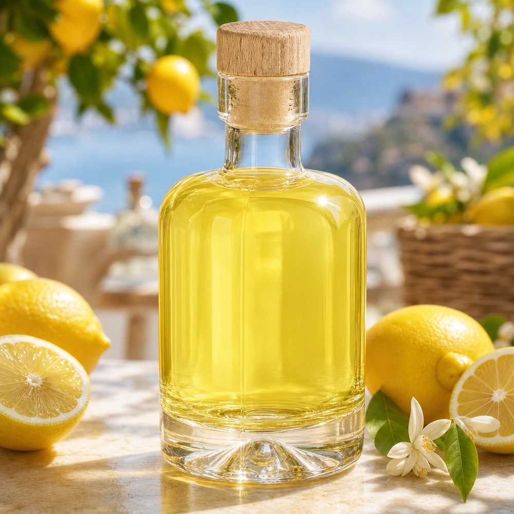 Bouteille en verre 50ml Amelie remplie de liqueur jaune entre citrons et fleurs décorées méditerranéennes